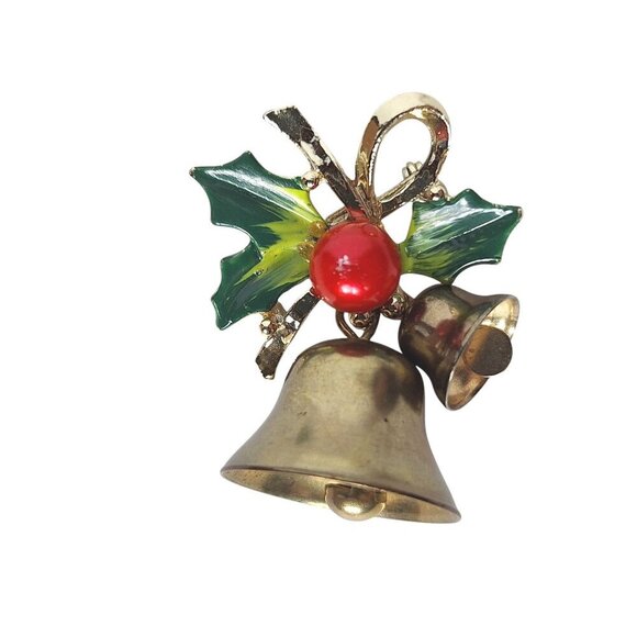 Vintage Christmas Brooch Pin Gold Tone Bell Holly Berry - Picture 1 of 3